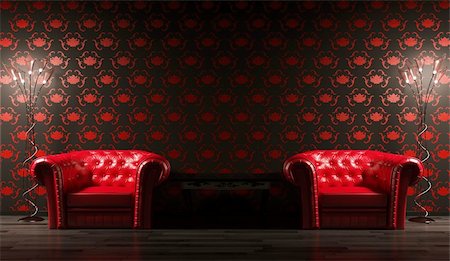 fret - Two red leather armchairs,table and floor lamps 3d render Stock Photo - Budget Royalty-Free & Subscription, Code: 400-04287880