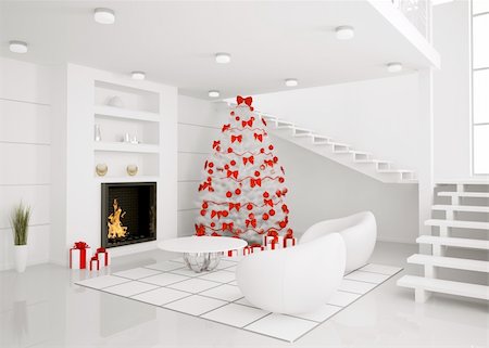 Christmas fir tree in the modern white room with fireplace interior 3d render Stock Photo - Budget Royalty-Free & Subscription, Code: 400-04287975