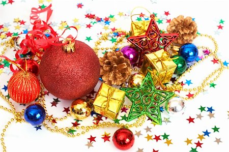 simsearch:400-04499144,k - Red Christmas baubles and other decorations with stars on white background with copy space Stock Photo - Budget Royalty-Free & Subscription, Code: 400-04280805