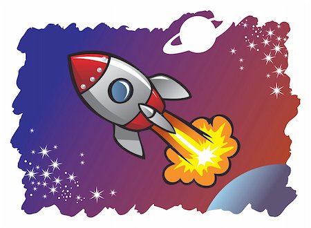spaceship - Cartoon style spaceship or rocket flying in the space among planets and stars, vector illustration Stock Photo - Budget Royalty-Free & Subscription, Code: 400-04280881