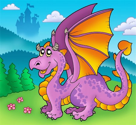 fairy tale castle on a hill - Giant purple dragon with old castle - color illustration. Stock Photo - Budget Royalty-Free & Subscription, Code: 400-04281181