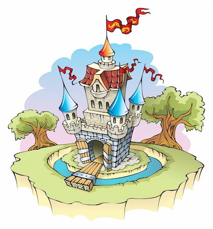 fantasy fortress - Cartoon fantasy castle, surrounded by water moat, vector illustration Stock Photo - Budget Royalty-Free & Subscription, Code: 400-04281440