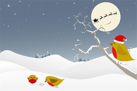 simsearch:400-08791935,k - Christmas scene featuring red robins, santa and his reindeer. Foto de stock - Super Valor sin royalties y Suscripción, Código: 400-04281991