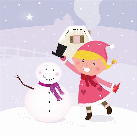 Happy smiling girl in pink costume making snowman in winter nature. Vector cartoon illustration. Stock Photo - Budget Royalty-Free & Subscription, Code: 400-04283238