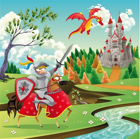 simsearch:400-05724251,k - Panorama with medieval castle, dragon and knight. Cartoon and vector illustration Stock Photo - Budget Royalty-Free & Subscription, Code: 400-04283701