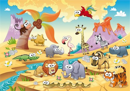 Savannah animal family with background. Funny cartoon and vector illustration, isolated objects. Stock Photo - Budget Royalty-Free & Subscription, Code: 400-04283779