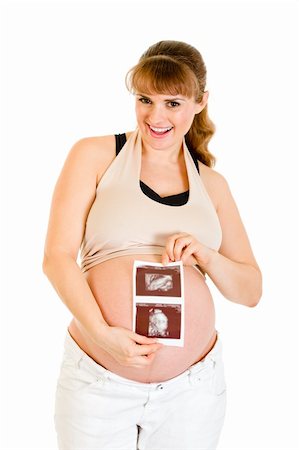 simsearch:400-04817039,k - Laughing pregnant woman holding echo in hands isolated on white Stock Photo - Budget Royalty-Free & Subscription, Code: 400-04294394