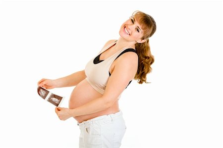 simsearch:400-04817039,k - Laughing pregnant woman holding echo in hands isolated on white Stock Photo - Budget Royalty-Free & Subscription, Code: 400-04294391