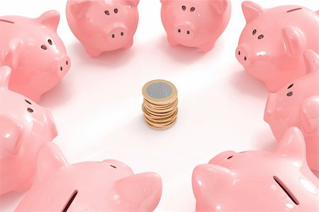 simsearch:400-06077471,k - Group of piggy banks looking at a pile of coins Stock Photo - Budget Royalty-Free & Subscription, Code: 400-04298580