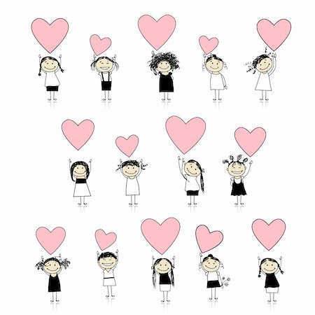 pencil painting pictures images kids - Cute girls with valentine hearts for your design Stock Photo - Budget Royalty-Free & Subscription, Code: 400-04299720