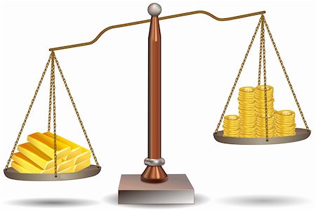 illustration of beam balance with dollar coins and gold bars on white background Stock Photo - Budget Royalty-Free & Subscription, Code: 400-04290135