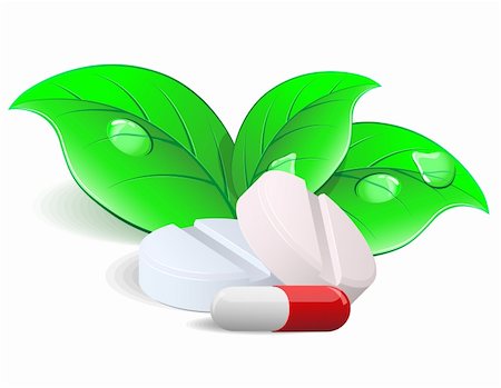 Medicament: two pills and capsules over on green leafs. Vector. EPS8 Stock Photo - Budget Royalty-Free & Subscription, Code: 400-04291007