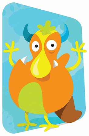 simsearch:400-04658893,k - Big mouthed funny cartoon of a happy devil, orange with yellow bird legs, blue horns and sharp teeth. Great for print, cards, e-card, calendar, postacard and more. Broad nose on a turquoise light blue background of clouds and cloudy shapes. Brown beaver tail Photographie de stock - Aubaine LD & Abonnement, Code: 400-04291463