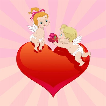 At Valentine's Day a angel boy presents a flower and a heart shaped red box to an angel girl Stock Photo - Budget Royalty-Free & Subscription, Code: 400-04291580