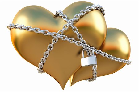 two golden hearts linked together with silver chain. isolated on white with clipping path. Stock Photo - Budget Royalty-Free & Subscription, Code: 400-04291730
