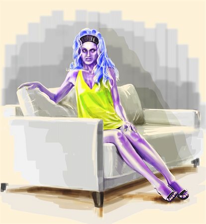 simsearch:400-08648436,k - Purple lady with blue hair sitting on sofa and looking away. Foto de stock - Super Valor sin royalties y Suscripción, Código: 400-04307166