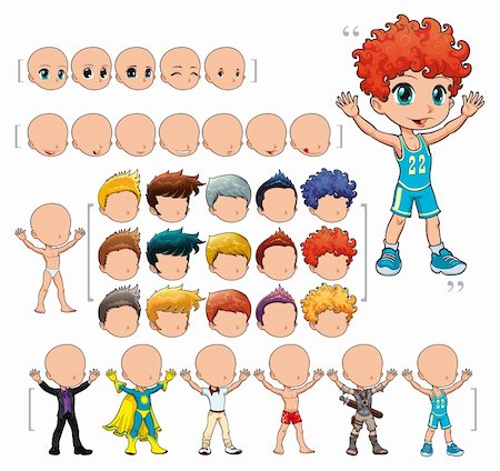 Avatar boy, vector illustration, isolated objects.     All the elements adapt perfectly each others. Larger character on the right is just an example. 5 eyes, 7 mouths, 15 hair and 7 clothes. Enjoy!! Stock Photo - Budget Royalty-Free & Subscription, Code: 400-04308755