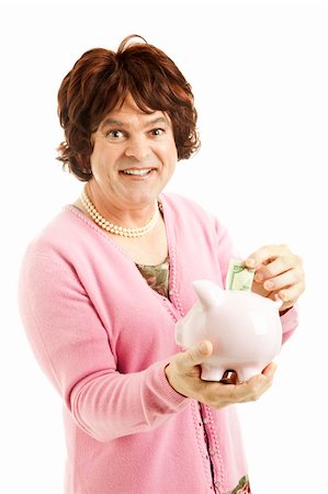 simsearch:841-06031350,k - Man dressed as a woman, saving money in a piggy bank.  Isolated on white. Stock Photo - Budget Royalty-Free & Subscription, Code: 400-04308918