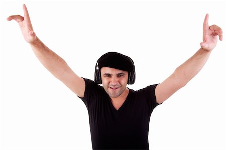 simsearch:400-04300097,k - man listening music in headphones, arms raised, isolated on white background, studio shot Stock Photo - Budget Royalty-Free & Subscription, Code: 400-04300097