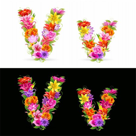 V, vector colorful flower font on white and black background. Stock Photo - Budget Royalty-Free & Subscription, Code: 400-04302116