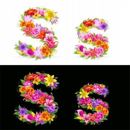 s letter designs - S, vector colorful flower font on white and black background. Stock Photo - Budget Royalty-Free & Subscription, Code: 400-04302113