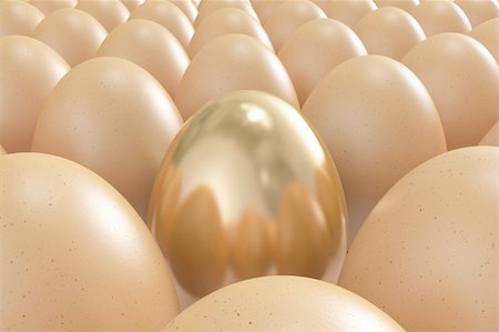 High quality 3d image of a golden egg standing out from the crowd Stock Photo - Budget Royalty-Free & Subscription, Code: 400-04303024