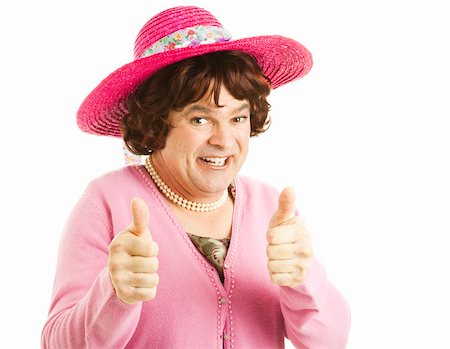 simsearch:841-06031350,k - Funny image of a man, dressed as a woman, giving two thumbs up.  Isolated on white. Stock Photo - Budget Royalty-Free & Subscription, Code: 400-04314164
