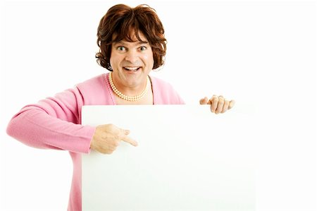 simsearch:841-06031350,k - Man dressed as woman points enthusiastically to blank white sign.  Isolated on white. Stock Photo - Budget Royalty-Free & Subscription, Code: 400-04314165