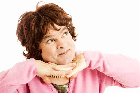 simsearch:841-06031350,k - Man dressed as woman, using his imagination to daydream.  White background. Stock Photo - Budget Royalty-Free & Subscription, Code: 400-04314162
