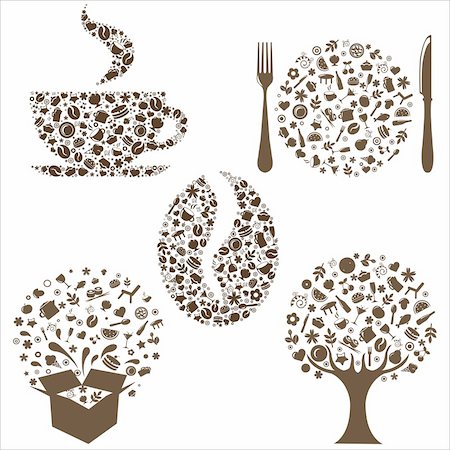 simsearch:400-08786053,k - Restaurant Icons In Form Of  Tree, Coffee Grain, Cup, Box And Plate With Plug And  Spoon,  Isolated On White Background, Vector Illustration Stock Photo - Budget Royalty-Free & Subscription, Code: 400-04314372