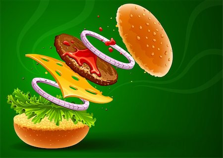 hamburger with cheese, lettuce, onion and meat rissole. Vector illustration Stock Photo - Budget Royalty-Free & Subscription, Code: 400-04314474