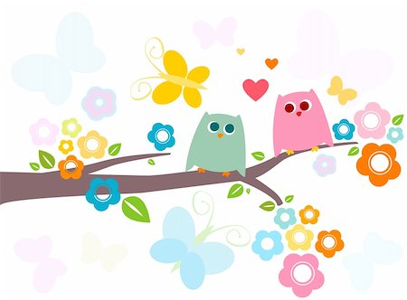 simsearch:400-07995476,k - cute owls in love with flowery tree Stock Photo - Budget Royalty-Free & Subscription, Code: 400-04314812