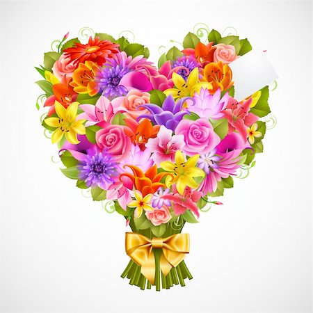 flowers bouquet vector - heart shaped posy of tender flowers with golden bow Stock Photo - Budget Royalty-Free & Subscription, Code: 400-04314878