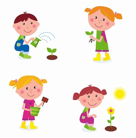 small picture of a cartoon of a person being young - Boy and girl with green plants and garden elements. Vector Stock Photo - Budget Royalty-Free & Subscription, Code: 400-04317231