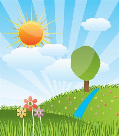 Spring sunny landscape with forest river - vector illustration Stock Photo - Budget Royalty-Free & Subscription, Code: 400-04318389