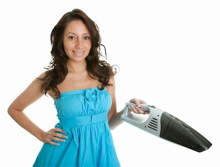 simsearch:400-07902993,k - Cheerful woman with handheld vacuum cleaner. Isolated on white Photographie de stock - Aubaine LD & Abonnement, Code: 400-04319308
