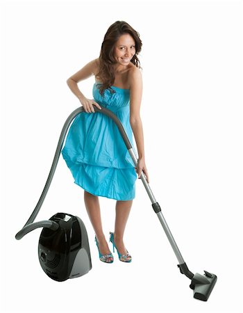 simsearch:400-07902993,k - Cheerful woman with handheld vacuum cleaner. Isolated on white Photographie de stock - Aubaine LD & Abonnement, Code: 400-04319301