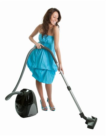simsearch:400-07902993,k - Cheerful woman with handheld vacuum cleaner. Isolated on white Photographie de stock - Aubaine LD & Abonnement, Code: 400-04319302