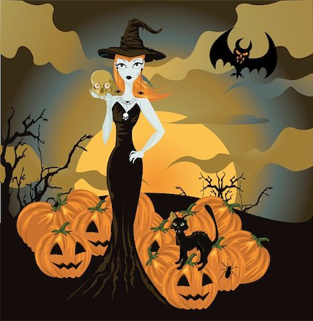 pumpkin drawing with leaves - Halloween witch standing with skull and pumpkin Stock Photo - Budget Royalty-Free & Subscription, Code: 400-04319380