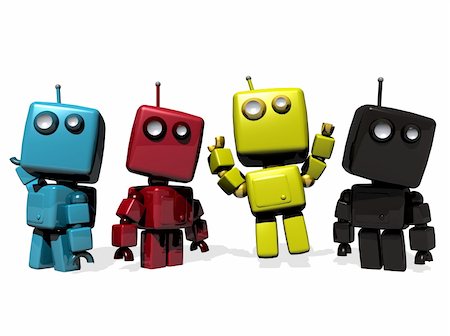 A group of Four funny 3D rendered robots; CMYK (cyan, magenta, yellow, Key Black) Stock Photo - Budget Royalty-Free & Subscription, Code: 400-04310528