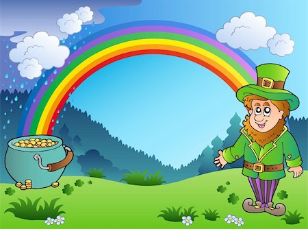 draw happy clouds - Meadow with rainbow and leprechaun - vector illustration. Stock Photo - Budget Royalty-Free & Subscription, Code: 400-04311447