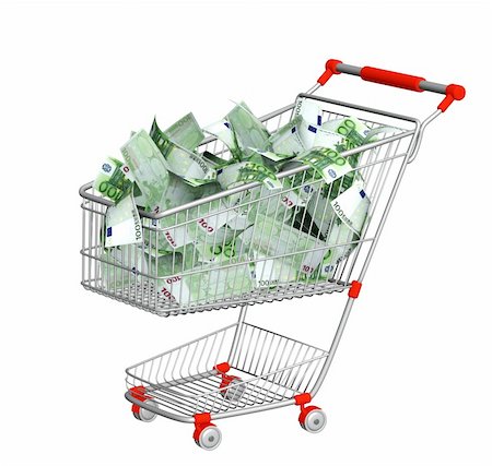 shop cart cash - Shopping cart and euro. Objects isolated over white Stock Photo - Budget Royalty-Free & Subscription, Code: 400-04312345