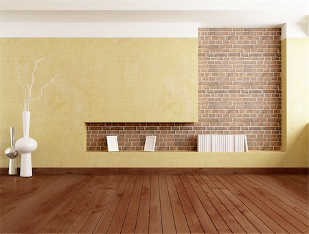 empty old living room - empty minimalist room with plaster wall and brick niche - rendering Stock Photo - Budget Royalty-Free & Subscription, Code: 400-04324288