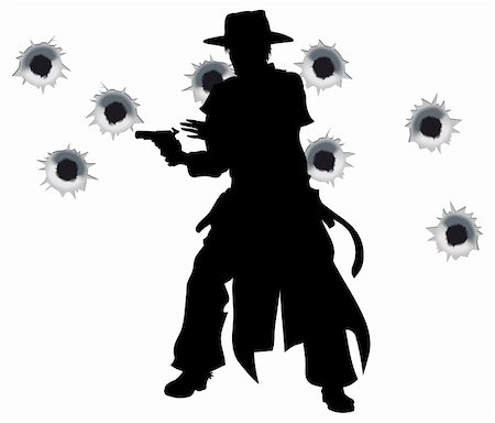 A wild west gunslinger drawing and firing his gun in a shootout with bullet holes in the background Stock Photo - Budget Royalty-Free & Subscription, Code: 400-04325424