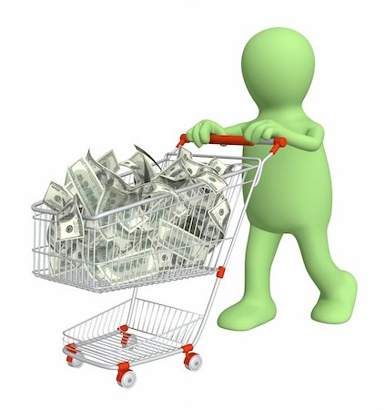 shop cart cash - Puppet with shopping cart and dollars. Isolated over white Stock Photo - Budget Royalty-Free & Subscription, Code: 400-04326120