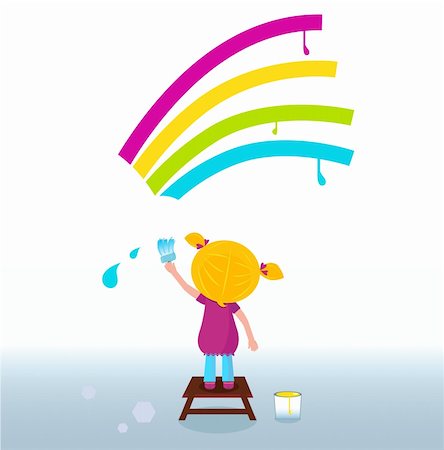 Blond hair girl painting colorful vibrant rainbow with paint brush.Vector Illustration. Foto de stock - Super Valor sin royalties y Suscripción, Código: 400-04326953