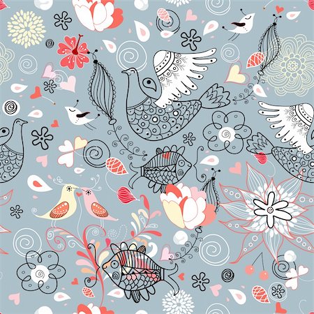 Seamless red floral pattern with birds and fishes on a blue background Stock Photo - Budget Royalty-Free & Subscription, Code: 400-04327719