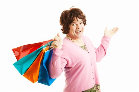 simsearch:841-06031350,k - Man dressed as woman going on a shopping spree, holding bags.  Isolated on white. Stock Photo - Budget Royalty-Free & Subscription, Code: 400-04328912