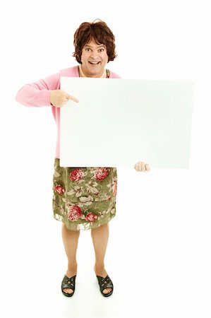 simsearch:841-06031350,k - Humorous photo of a man dressed as a woman, holding a blank sign.  Isolated on white. Stock Photo - Budget Royalty-Free & Subscription, Code: 400-04328913