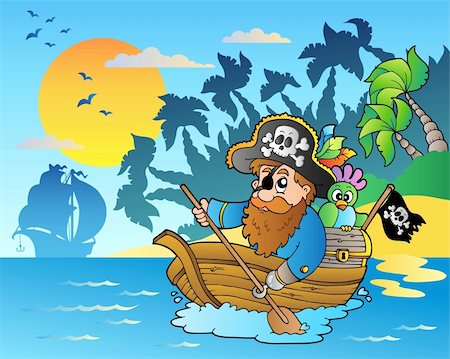 ram (animal) - Pirate paddling in boat near island - vector illustration. Photographie de stock - Aubaine LD & Abonnement, Code: 400-04322857